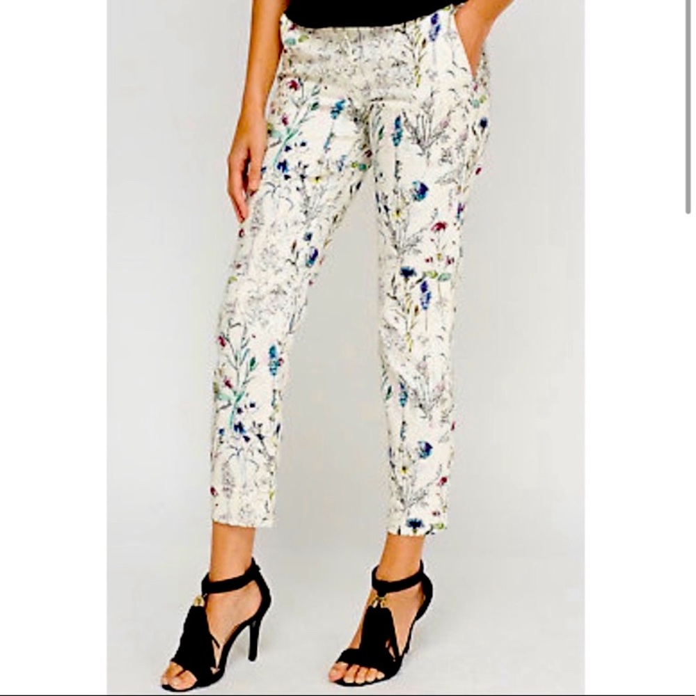 H&M Pants Size 10 White Bird Print Butterflies Floral Spring High Rise Trouser